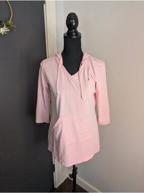 Danskin Womens Pink Hooded V-Neck Pima Cotton Blend Pullover Top - Medium
